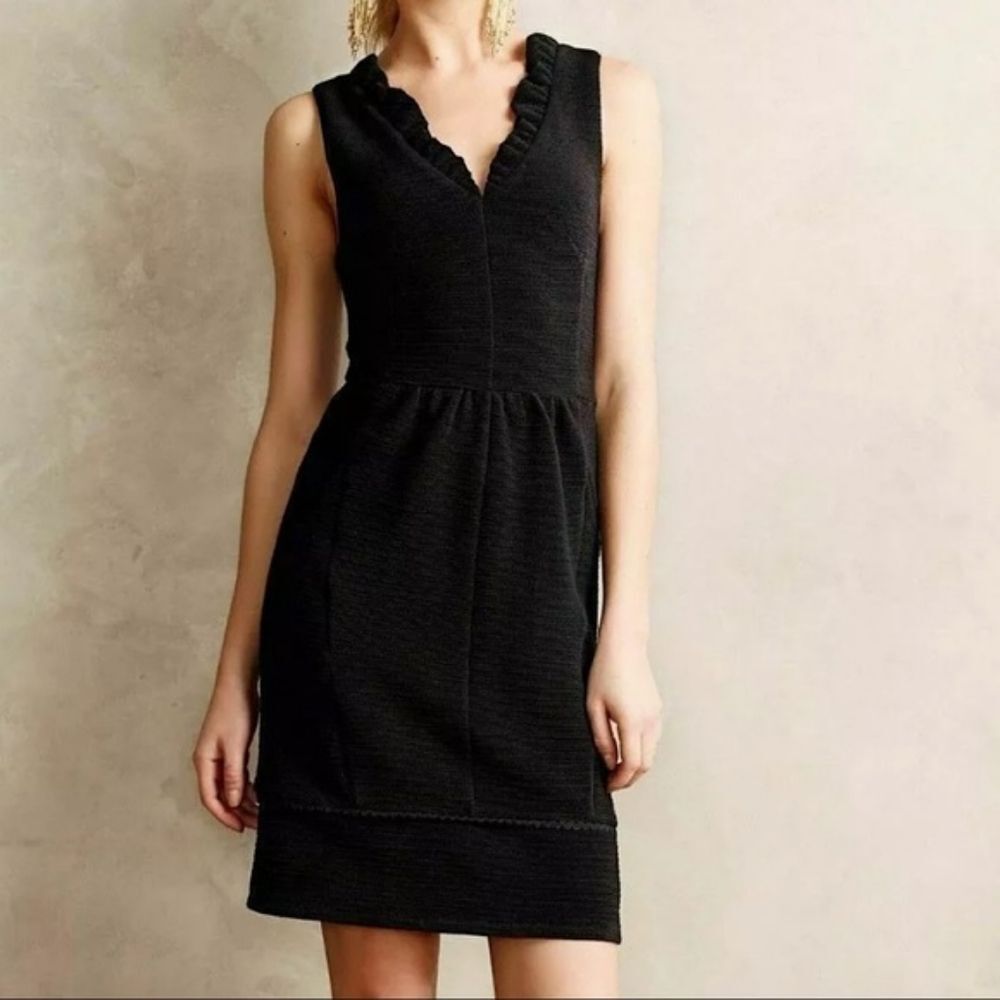 Anthropologie Maeve Black Ruffle V-Neck Mini Dress Pockets X-Small Petite XSP